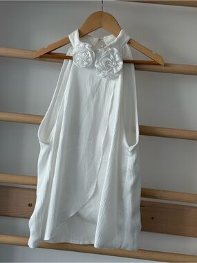 Azulu Ivory Silk Crepe Rosette High-Neck Halter Blouse